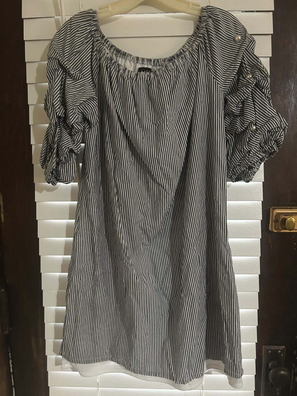 MSK Navy and White Striped Puff Sleeve Tunic